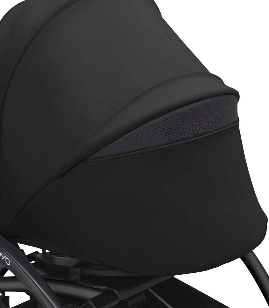 Stokke® YOYO3® 0+ Black. Black Frame. Canopy ventilation open. Close-up. Angled. galery image 6